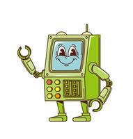 Cartoon retro groovy robot character, screen face vector