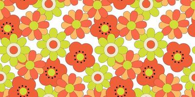 Trendy floral seamless pattern in the style of the 70s and 80s with groovy daisy flowers on white background vector