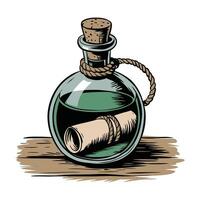 Vintage message in a bottle with rolled parchment and cork stopper vector