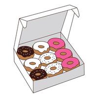 Assorted doughnuts in an open cardboard box illustration vector