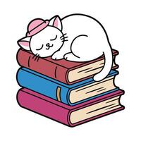 White cat napping on colorful stack of books illustration vector