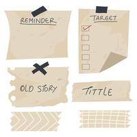 Hand drawn vintage memo paper sheets for daily planner, diary, reminder, sticky note, to do list. Piece of paper, torn paper with black tape. vector