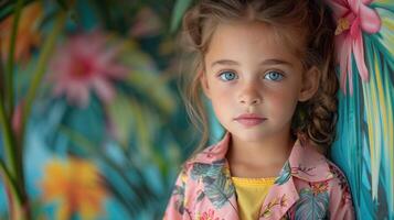 Portrait of a Little Girl with Blue Eyes and Freckles in a Tropical Setting photo