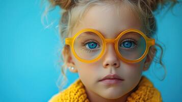 Portrait of a Young Girl with Blue Eyes and Yellow Glasses photo