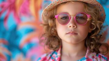 Cute Little Girl Wearing Sunglasses and Hat with Colorful Background photo
