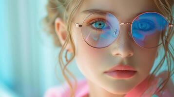 Closeup Portrait of a Young Woman with Blue Eyes and Round Glasses photo