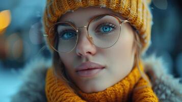Beautiful Woman with Blue Eyes Wearing Glasses and Yellow Knitted Hat photo