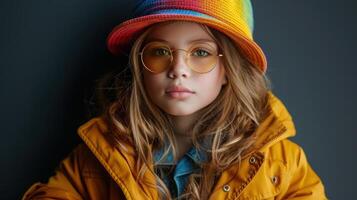Stylish Girl in Yellow Raincoat and Rainbow Hat photo