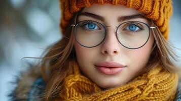Close up Portrait of Young Woman with Blue Eyes and Glasses Wearing a Knitted Hat and Scarf photo
