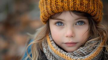 Portrait of a Young Girl with Blue Eyes and a Yellow Knit Hat photo