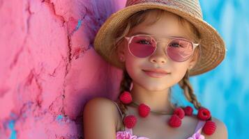Happy Girl in Summer Hat with Pink Sunglasses and Raspberry Necklace photo