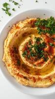 Close-up of Hummus with Paprika and Parsley photo