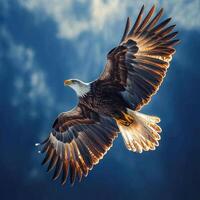 Bald Eagle in Flight with Wings Spread Against a Blue Sky photo