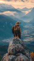 Golden Eagle Perched on Rocky Outcrop with Mountainous Landscape in Background photo