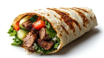 Grilled Meat and Vegetable Wrap with Lettuce and Sauce photo