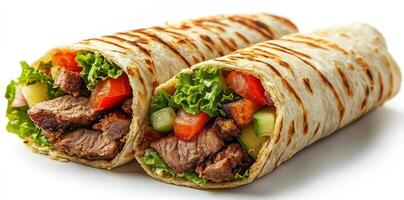 Two Grilled Tortillas Filled with Meat and Vegetables photo