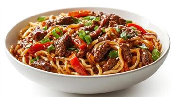 Bowl of Noodles with Beef, Peppers, and Green Onions photo