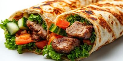 Close-up of a Beef and Vegetable Wrap with Toasted Tortilla photo