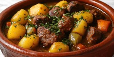 Close-up of Beef Stew with Potatoes and Parsley in a Clay Pot photo