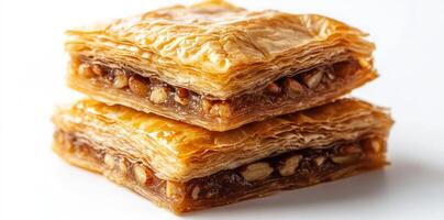 Two Pieces of Pecan Baklava on White Background photo