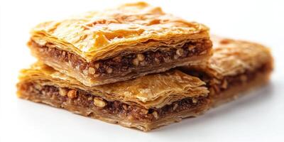 Two Pieces of Baklava with Nuts and Syrup photo