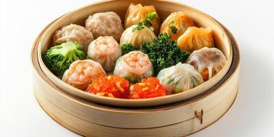 Steamed Dumplings with Shrimp and Broccoli in a Bamboo Steamer photo