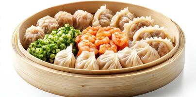 Steamed Dumplings and Shrimp in a Bamboo Steamer photo