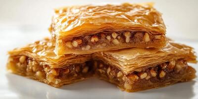 Close-up of a Stack of Golden Baklava with Nuts and Syrup photo