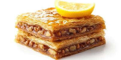 Two Pieces of Baklava with a Lemon Slice on Top photo
