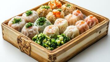 Steamed Dim Sum Dumplings in a Wooden Basket photo