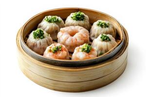 Steamed Dumplings with Shrimp and Pork Filling in a Bamboo Steamer photo