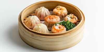 Steamed Dumplings with Shrimp and Vegetables in Bamboo Steamer photo