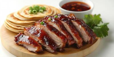 Roasted duck slices with pancakes, sauce, and cilantro photo