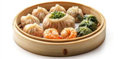 Steamed Dumplings and Shrimp in a Bamboo Steamer photo