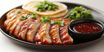 Roasted Duck Slices with Sauce, Flatbread, and Green Garnish on a Black Plate photo
