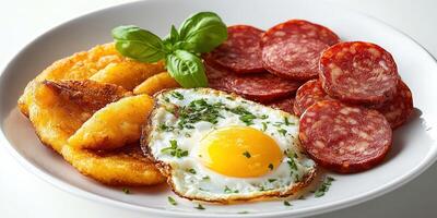 Fried Egg, Salami, and Potato Bites on a White Plate photo
