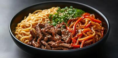 Close-up of Beef Stir-fry with Noodles and Vegetables in a Black Bowl photo