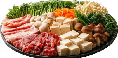 Assortment of Raw Meat, Tofu, Mushrooms, and Vegetables on Black Plate photo