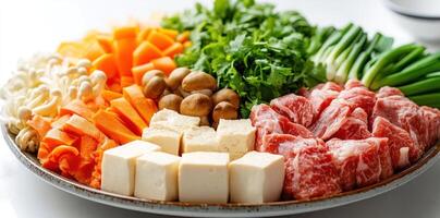 Plate of Raw Meat, Vegetables, and Tofu for Hot Pot photo