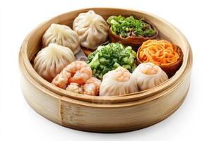 Steamed Dumplings and Shrimp in a Bamboo Steamer photo