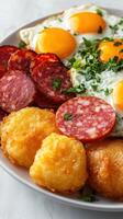 Fried Eggs with Salami, Potato Balls, and Parsley photo