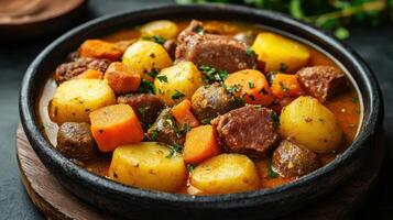 Close-up of Beef Stew with Potatoes and Carrots in a Clay Pot photo
