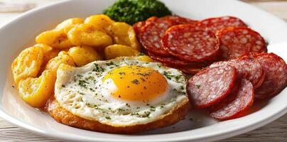 Fried Egg with Salami, Potatoes, and Greens on a White Plate photo
