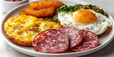 Breakfast Plate with Fried Egg, Salami, and Cheese Omelet photo