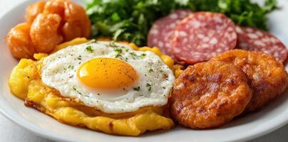 Fried Egg with Polenta, Salami, and Fried Potatoes on a Plate photo