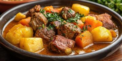 Close-Up of Beef Stew with Potatoes and Carrots in a Brown Bowl photo