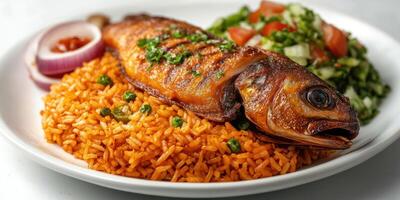 Roasted Fish Served with Red Rice and Salad photo