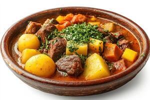 Clay Pot of Beef Stew with Potatoes and Carrots photo