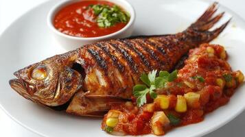 Grilled Fish with Tomato Salsa and Parsley Garnish on a White Plate photo