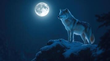 A Lone Wolf Howling at the Full Moon on a Snowy Mountaintop photo